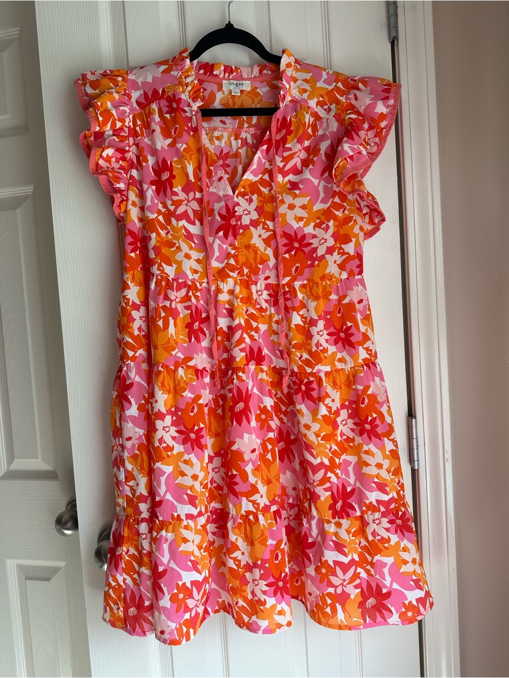 Women’s Umgee Pink & Orange Floral Ruffle Tie-Neck Dress